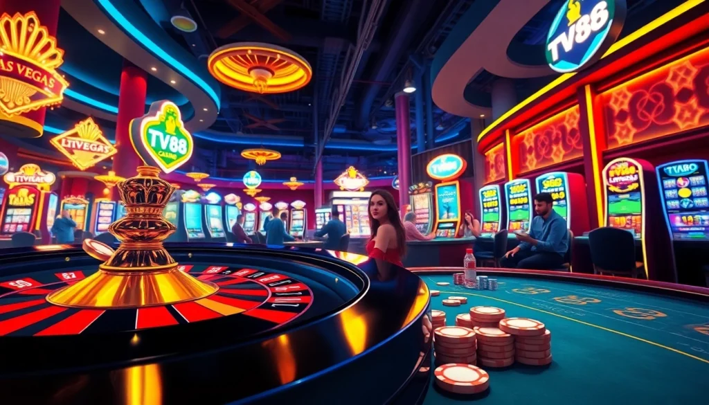 "Experience the thrilling atmosphere of a Vegas casino featuring TV88 branding, where players embrace exciting bets and big wins!"