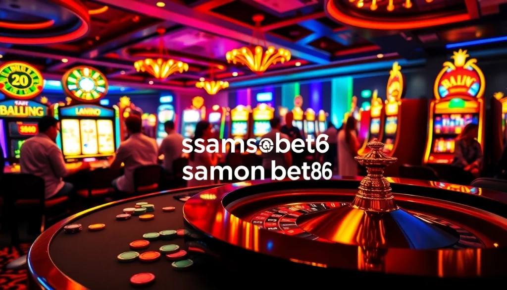 Experience thrilling gameplay at samsonbet86 with players enjoying roulette and slot machines in a lively casino atmosphere.