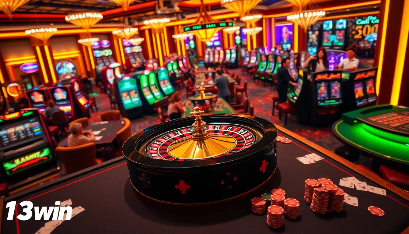 Experience the thrill of 13win, featuring engaging roulette and vibrant slot machines in a luxurious casino setting.