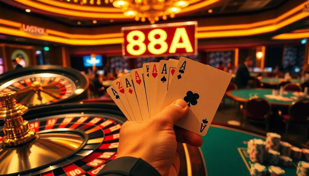 88AA highlights a thrilling poker game with players revealing winning cards at a casino table.