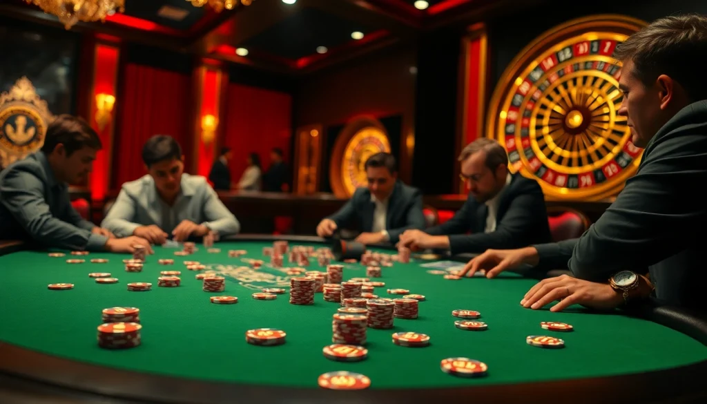 In a vibrant casino setting, players compete in an e28-themed poker game with distinctive chips, cards, and a roulette wheel in the backdrop.