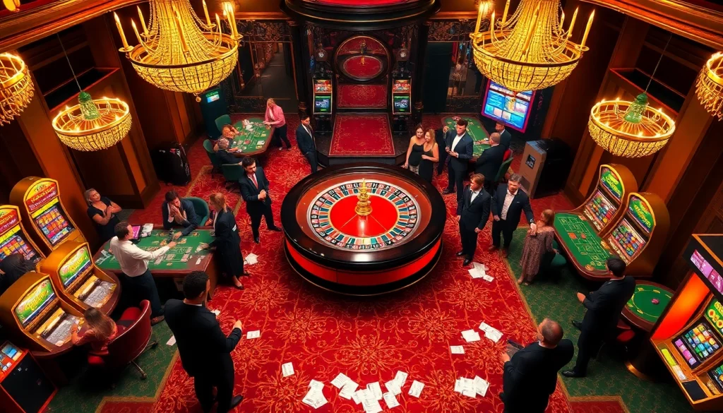 Experience the thrill of gambling at Viral88 with players at poker tables and a roulette wheel in a luxurious casino setting.