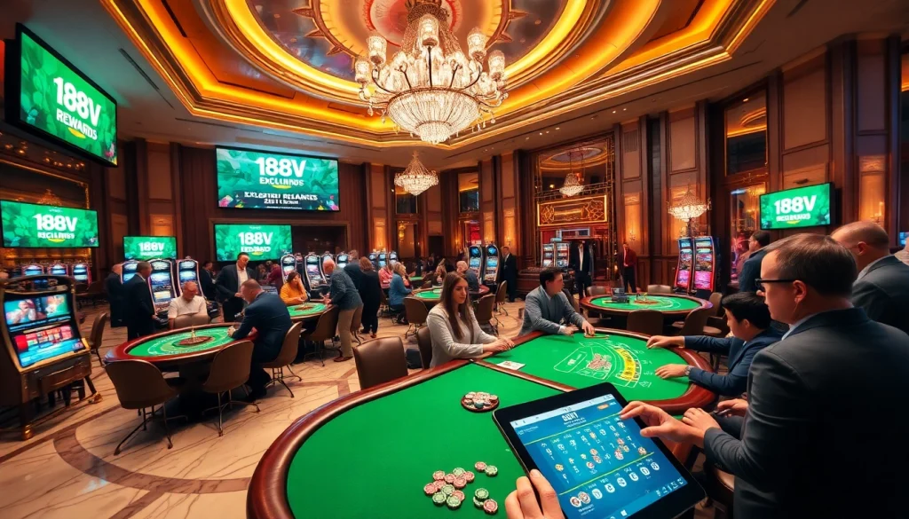 Experience the thrill of winning at 188V's luxurious casino with vibrant tables and slot machines.