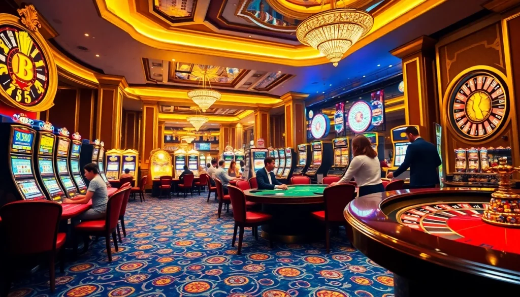 Experience the excitement of gambling at the 88AA casino, featuring vibrant slot machines and enthusiastic players at poker tables.