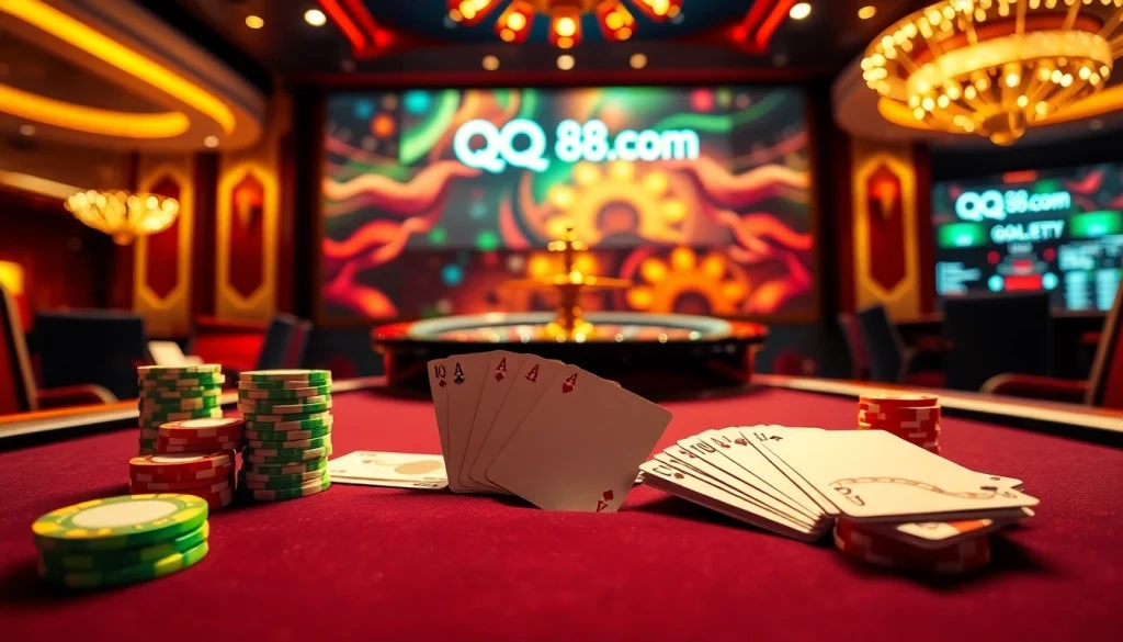 Experience the thrill of betting at qq88.co.com with vibrant poker chips on a casino table.