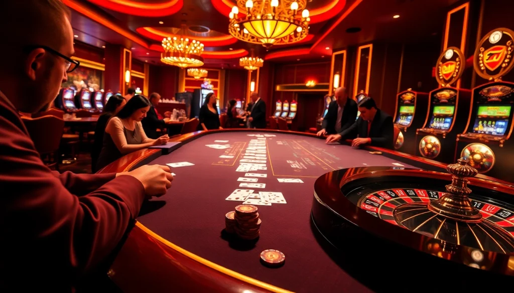 Experience the thrill at 88AA Casino with players betting at tables surrounded by exciting slot machines.
