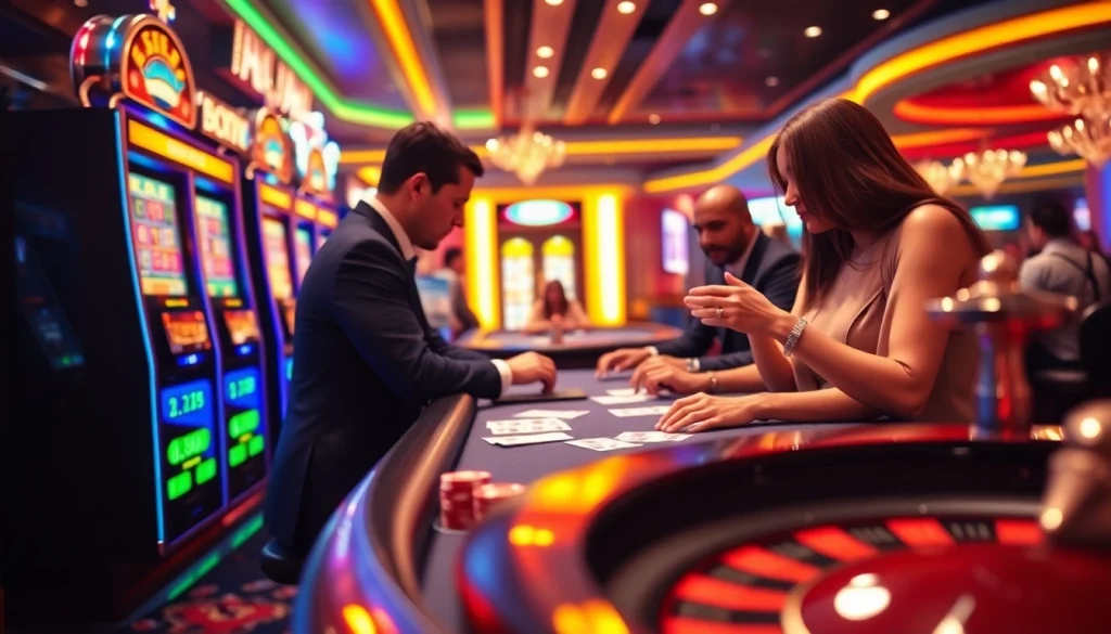 Players enjoying intense poker action at the casino uu88 with vibrant lights and thrilling excitement.