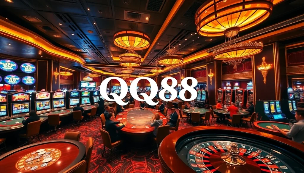 Experience thrilling gaming at QQ88 with vibrant tables and slot machines.